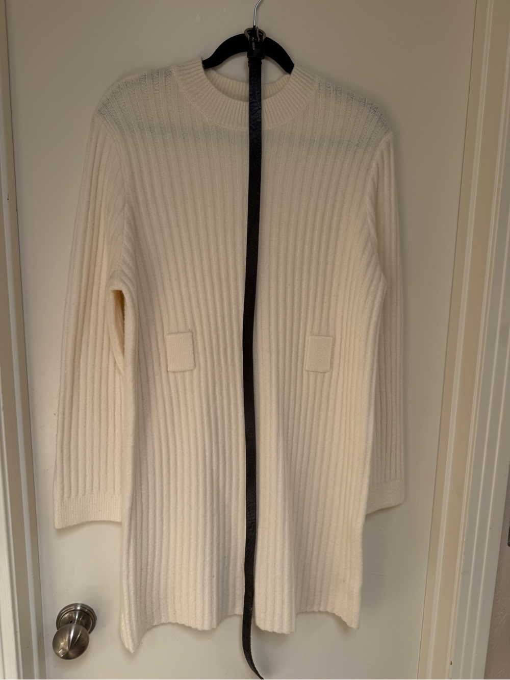 Paper Crane Cream knit sweater dress with belt.